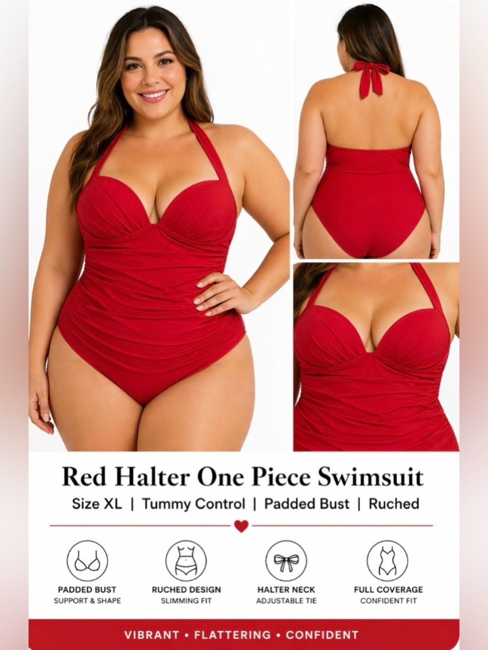 Red Halter One Piece Swimsuit XL Padded Bust, Ruched. Size XL